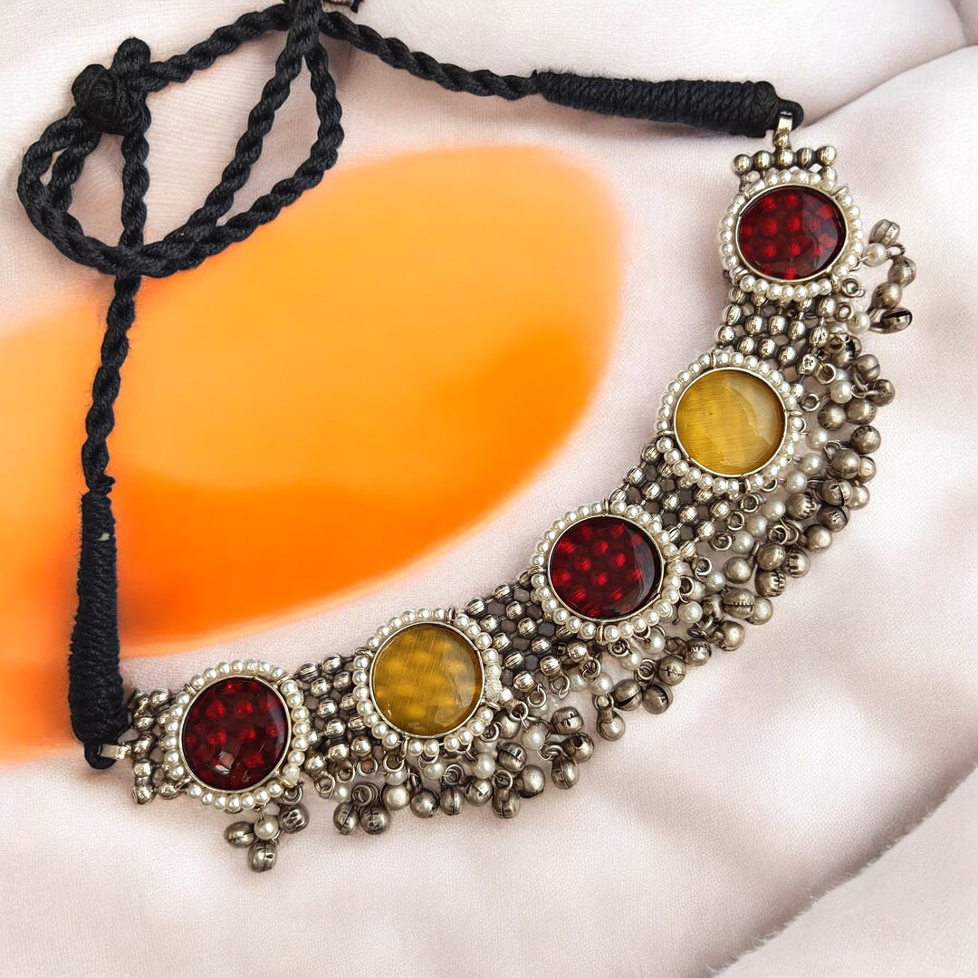 CLASSIC TIMELESS ESHANA YELLOW RED SILVER PLATED CHOKER NECKLACE SET