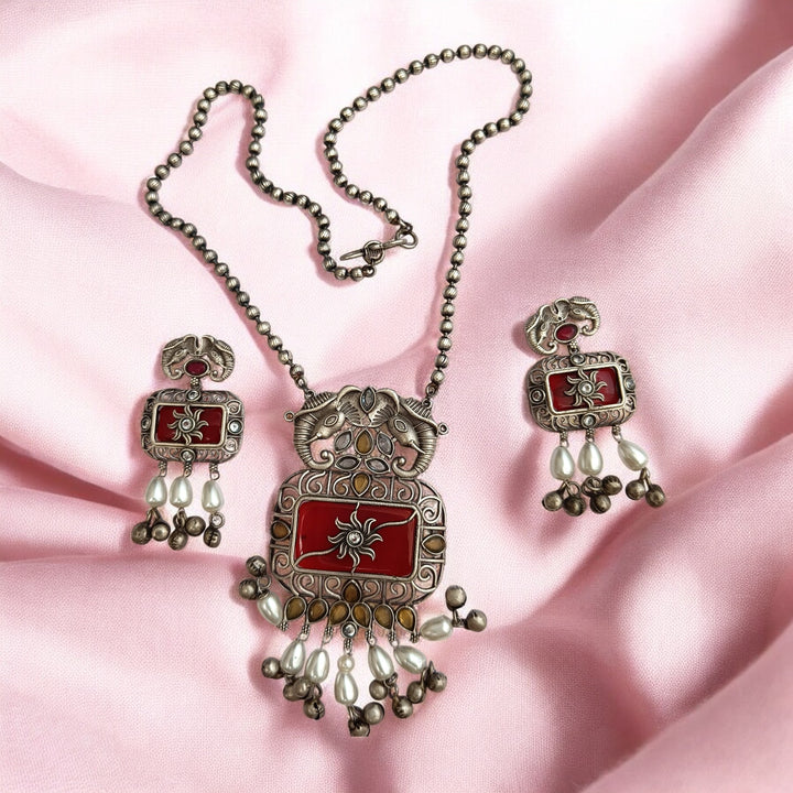 CLASSIC ELEGANT EKAVIRA RED SILVER PLATED NECKLACE SET [product_variant]- TelaNaari