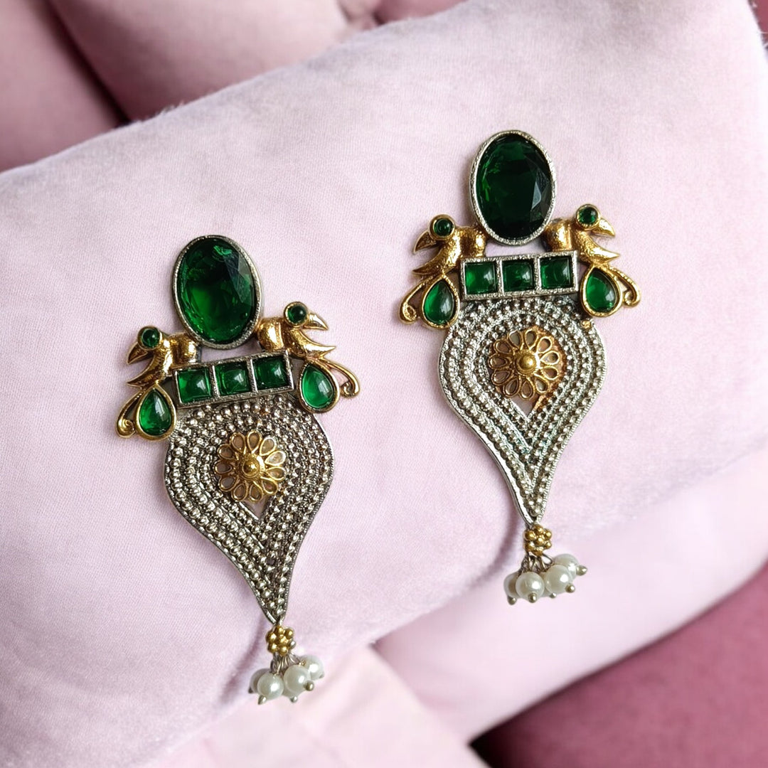 CLASSIC ELEGANT ESHWARI DUAL TONE SILVER PLATED EARRINGS [product_variant]- TelaNaari