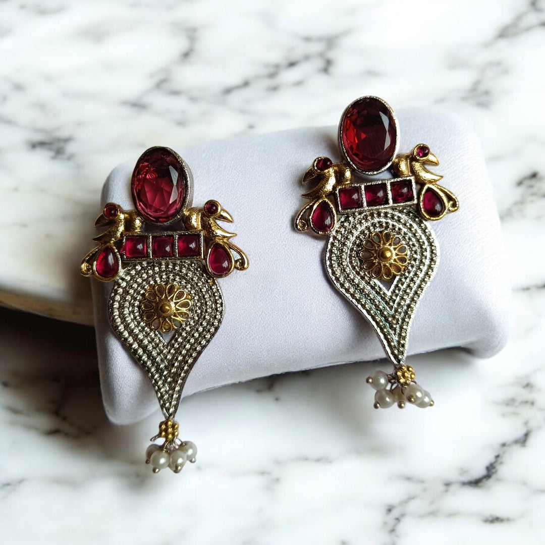 CLASSIC ELEGANT ESHWARI DUAL TONE SILVER PLATED EARRINGS [product_variant]- TelaNaari