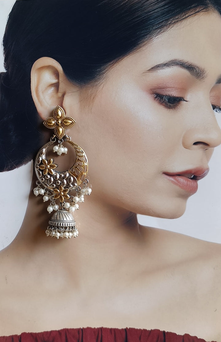 CLASSIC ELEGANT EESHTA DUAL TONE SILVER PLATED JHUMKI EARRINGS [product_variant]- TelaNaari