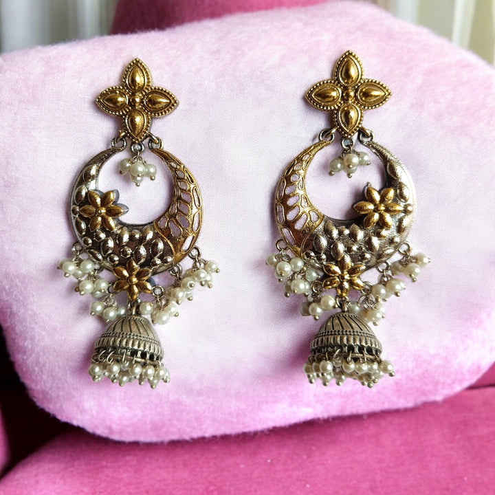 CLASSIC ELEGANT EESHTA DUAL TONE SILVER PLATED JHUMKI EARRINGS [product_variant]- TelaNaari