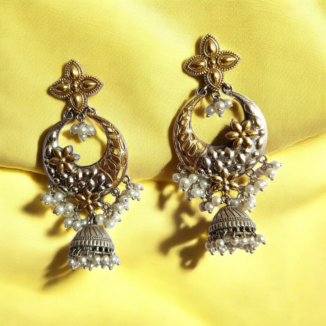 CLASSIC ELEGANT EESHTA DUAL TONE SILVER PLATED JHUMKI EARRINGS [product_variant]- TelaNaari