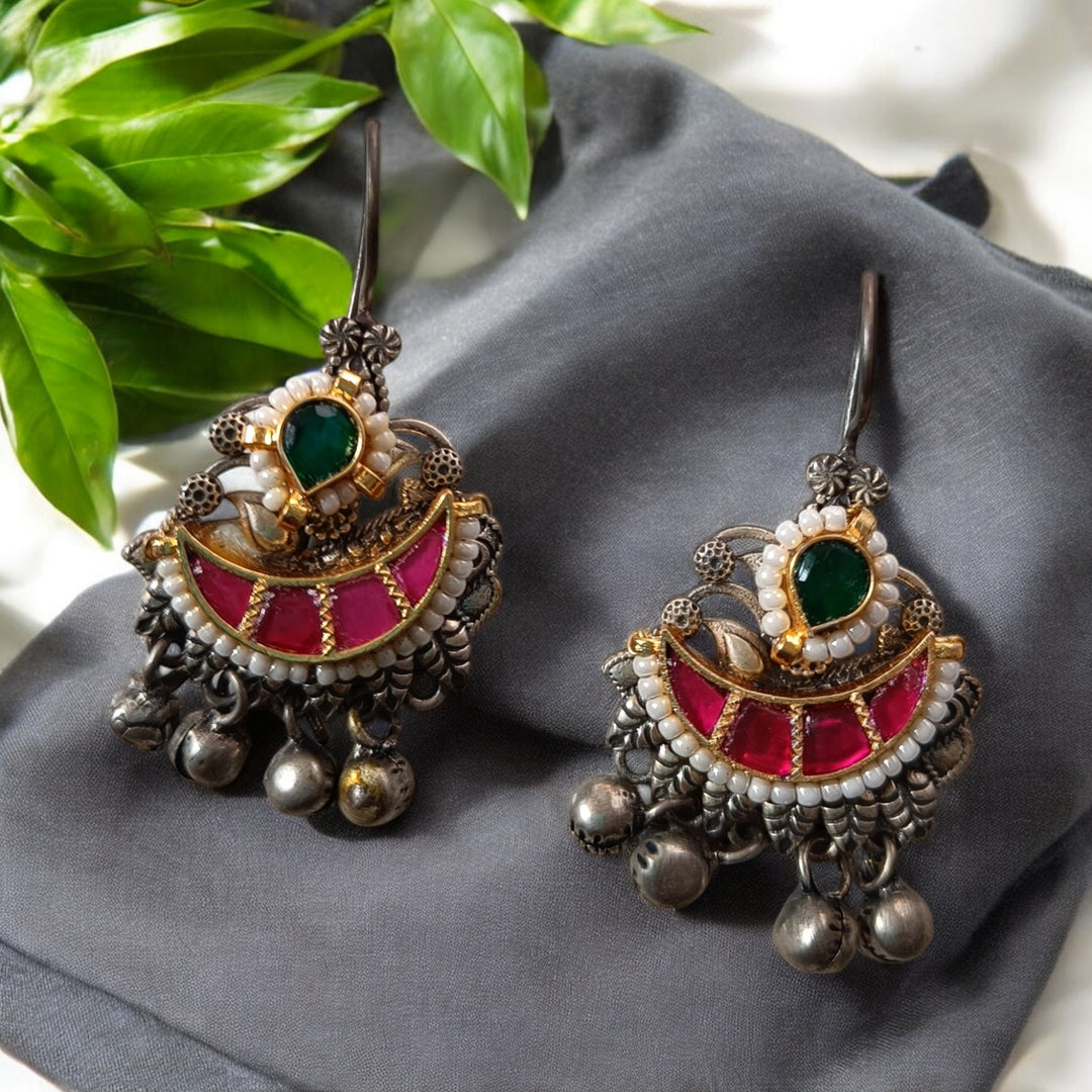 ABIDA DUAL TONE PACHI KUNDAN FUSION SILVER PLATED  HOOK EARRINGS [product_variant]- TelaNaari