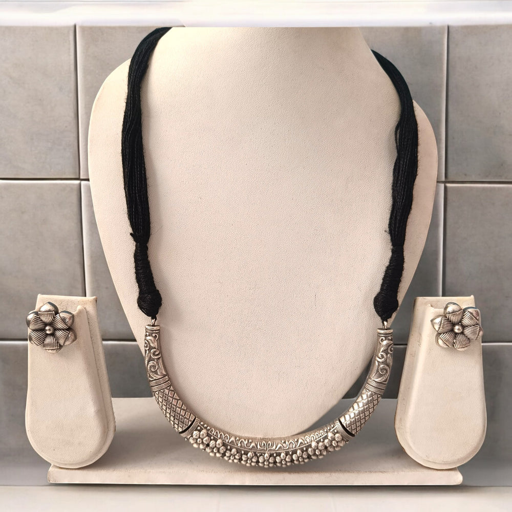 CLASSIC SANDHYA SILVER PLATED BLACK CORD NECKLACE SET