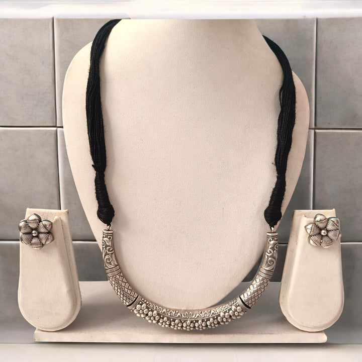 CLASSIC SANDHYA SILVER PLATED BLACK CORD NECKLACE SET [product_variant]- TelaNaari