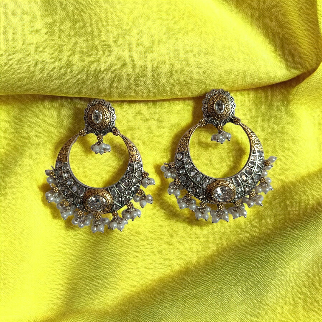 TELANAARI PRIYALA DUAL TONE SILVER PLATED CHANDBALI EARRINGS