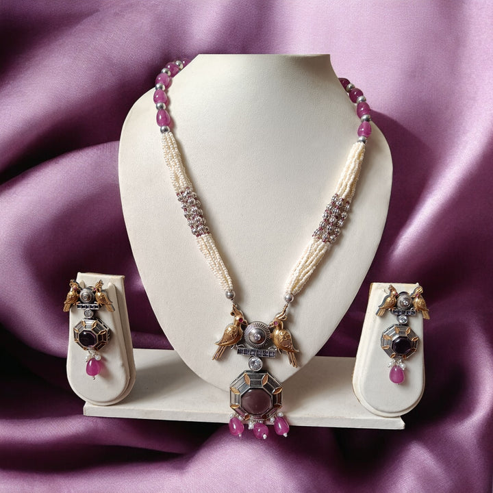 TELANAARI AHALYA PURPLE DUAL TONE SILVER PLATED NECKLACE SET WITH PEARL PIROI CHAIN