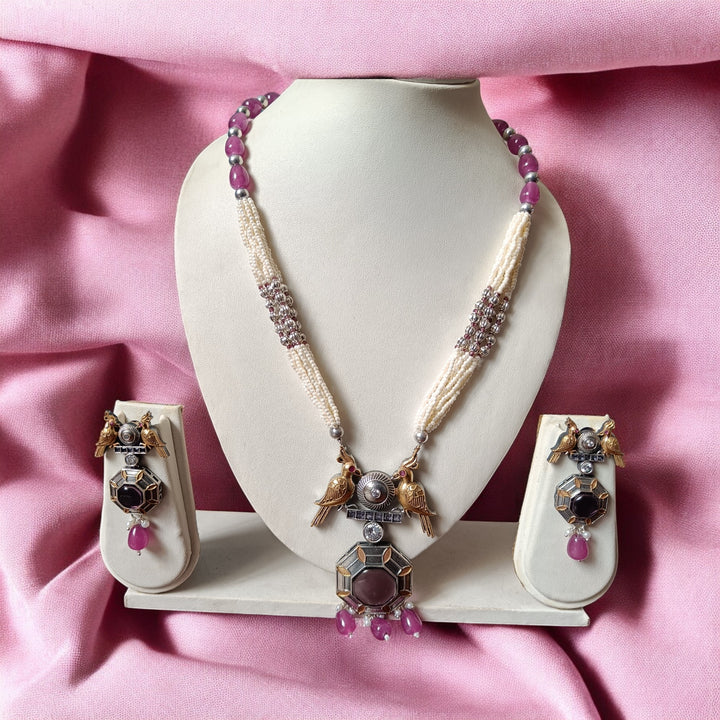 TELANAARI AHALYA PURPLE DUAL TONE SILVER PLATED NECKLACE SET WITH PEARL PIROI CHAIN