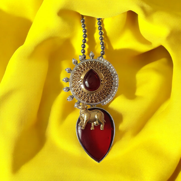 TELANAARI KOMAL DUAL TONE RED SILVER GOLD PLATED NECKLACE SET