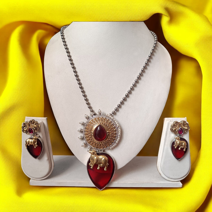 TELANAARI KOMAL DUAL TONE RED SILVER GOLD PLATED NECKLACE SET