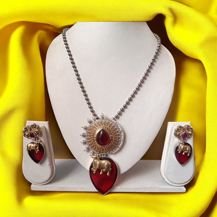 TELANAARI KOMAL DUAL TONE RED SILVER GOLD PLATED NECKLACE SET