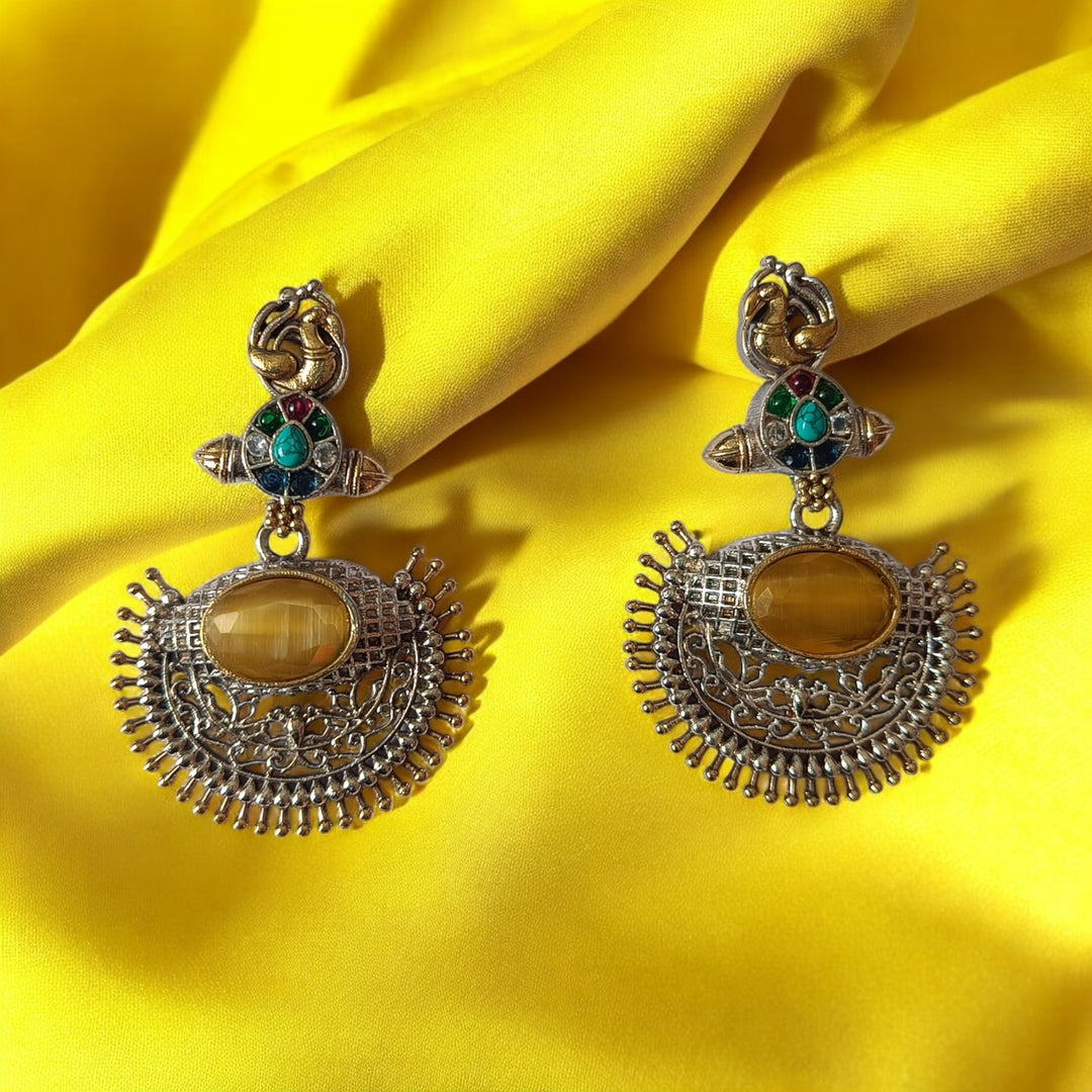 TELANAARI PRIYALA DUAL TONE SILVER PLATED CHANDBALI EARRINGS