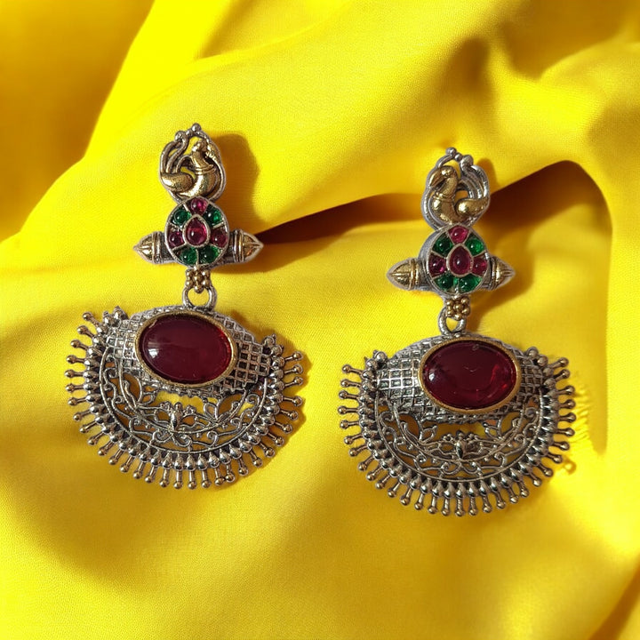 TELANAARI PRIYALA DUAL TONE SILVER PLATED CHANDBALI EARRINGS