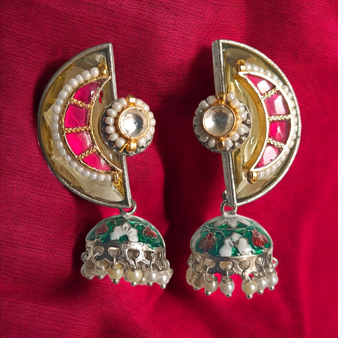 TELANAARI ELEGANT TANDRIMA DUAL TONE FUSHION PACHI KUNDAN SILVER PLATED EARRINGS