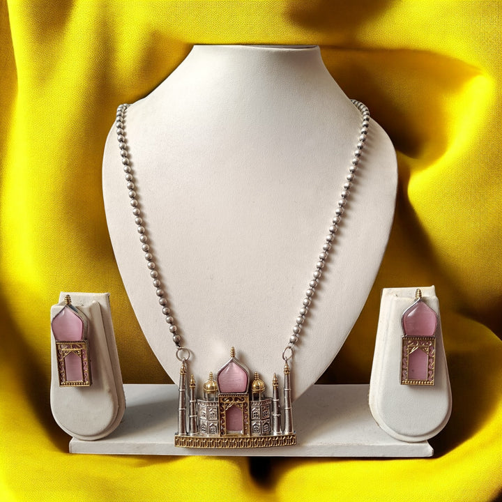 TELANAARI NARAYANI DUAL TONE PINK SILVER PLATED NECKLACE SET