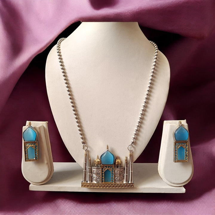 TELANAARI BHUVI DUAL TONE BLUE SILVER PLATED NECKLACE SET