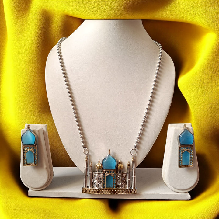 TELANAARI BHUVI DUAL TONE BLUE SILVER PLATED NECKLACE SET