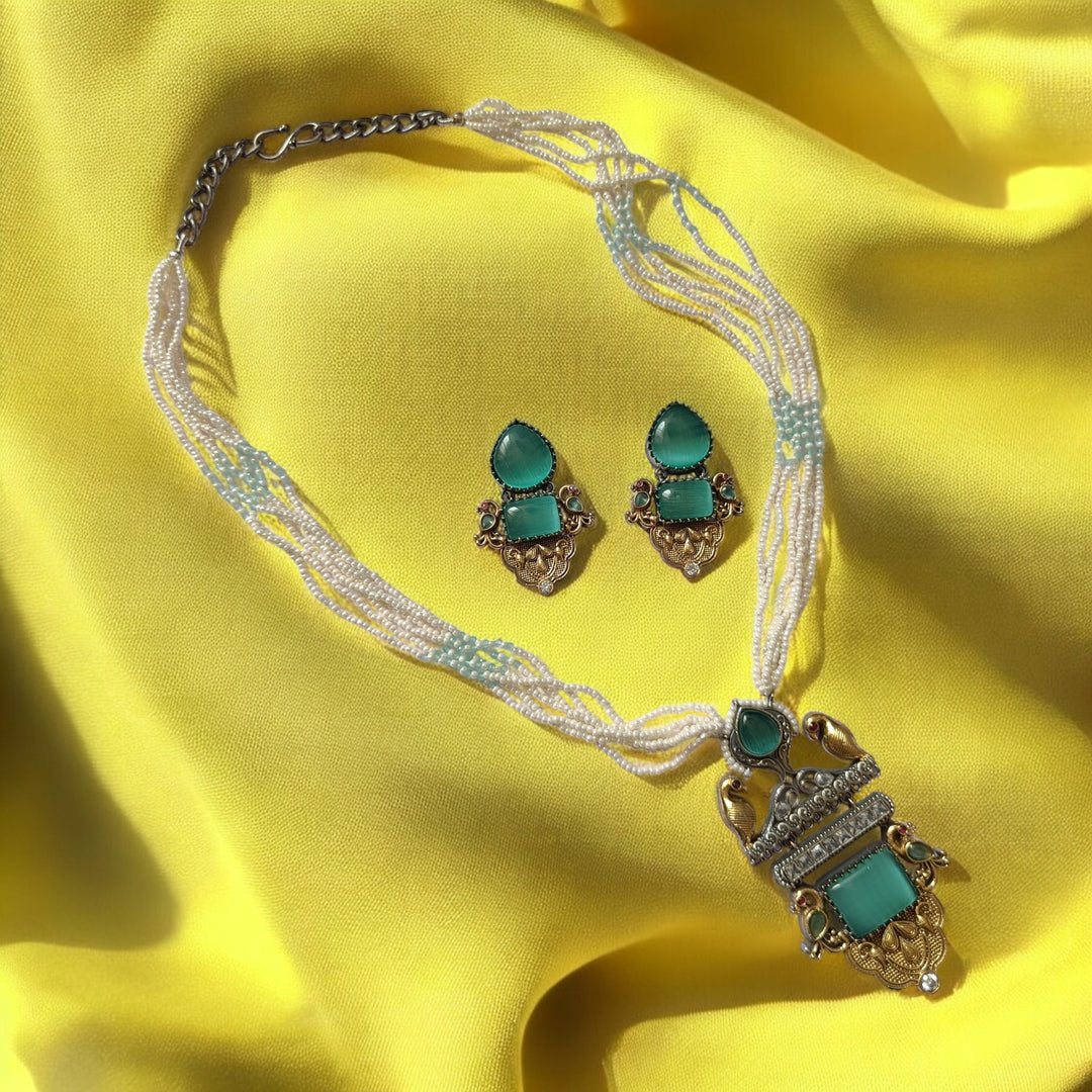 TELANAARI DAKSHYANI DUAL TONE SEA GREEN SILVER PLATED NECKLACE SET