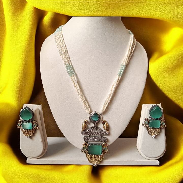 TELANAARI DAKSHYANI DUAL TONE SEA GREEN SILVER PLATED NECKLACE SET