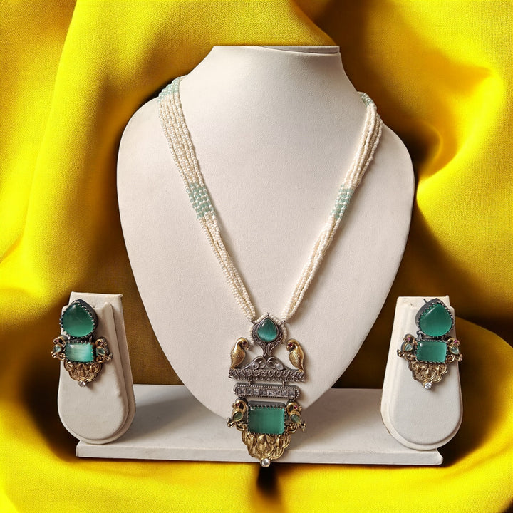 TELANAARI DAKSHYANI DUAL TONE SEA GREEN SILVER PLATED NECKLACE SET