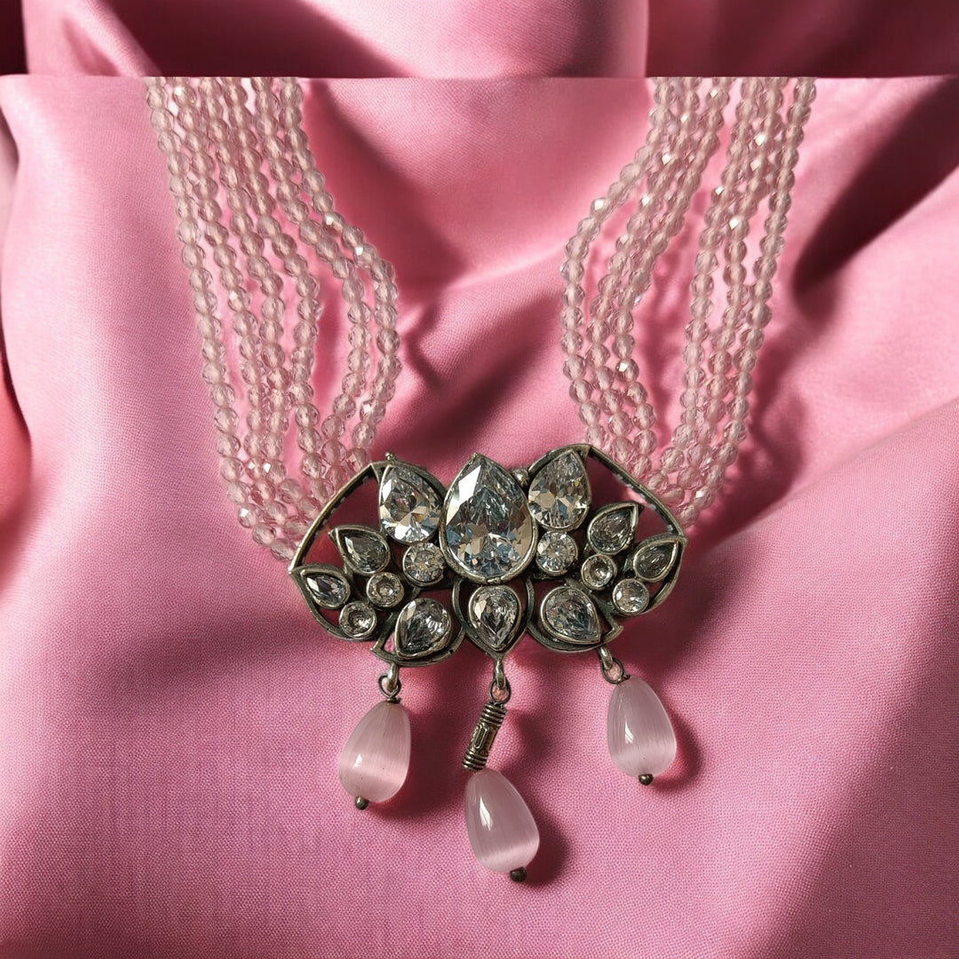 TELANAARI RADIANT AVANTISHA PINK SILVER PLATED NECKLACE SET