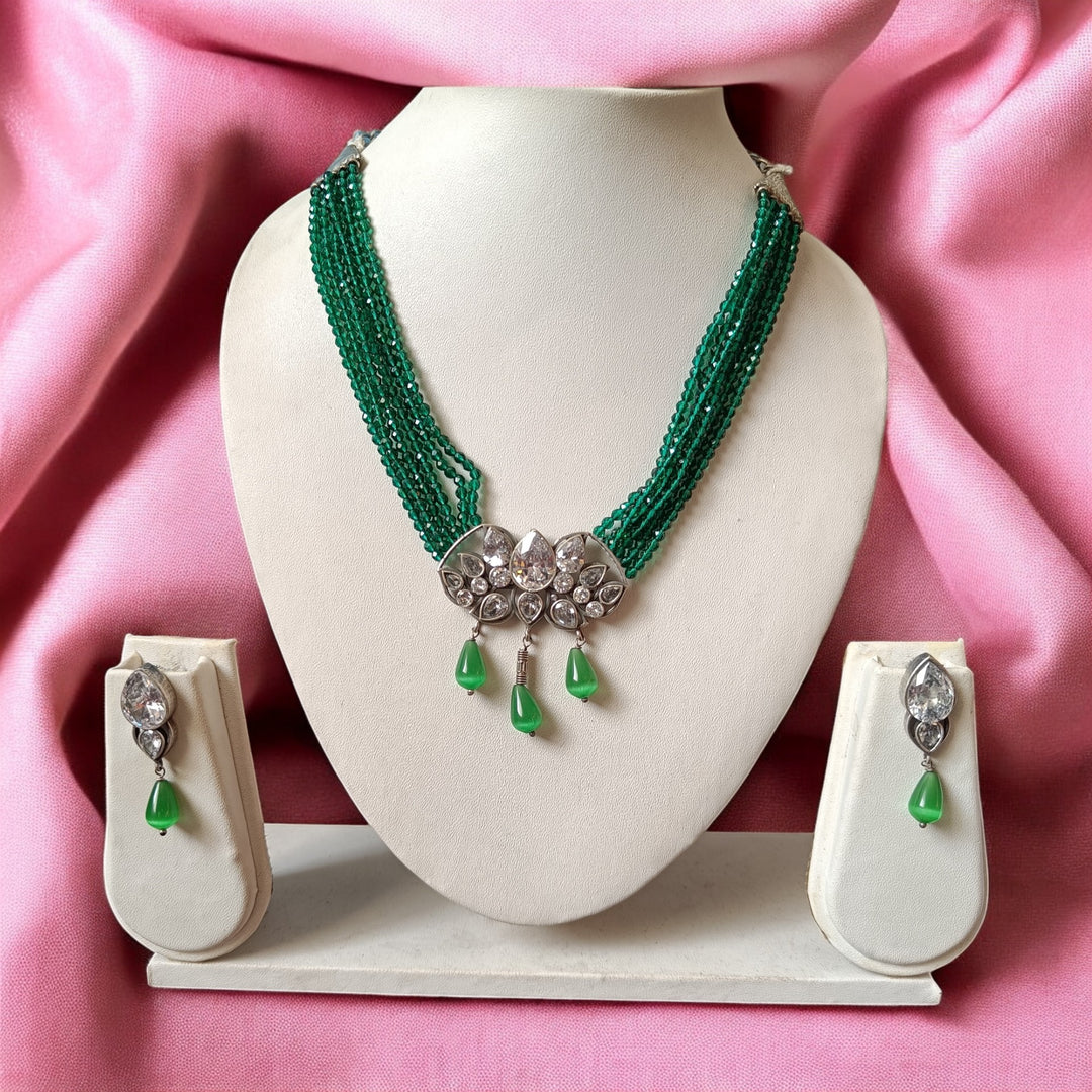 TELANAARI RADIANT MRINAL GREEN SILVER PLATED NECKLACE SET