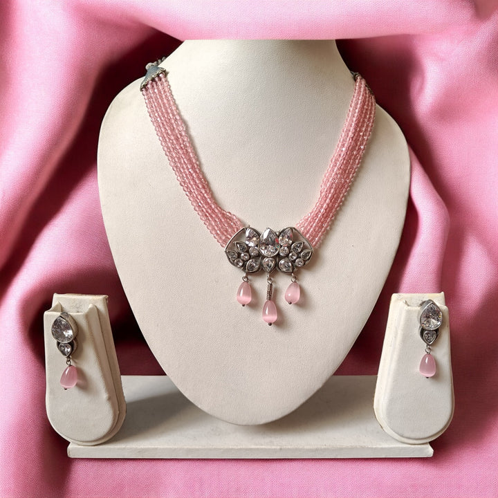 TELANAARI RADIANT AVANTISHA PINK SILVER PLATED NECKLACE SET