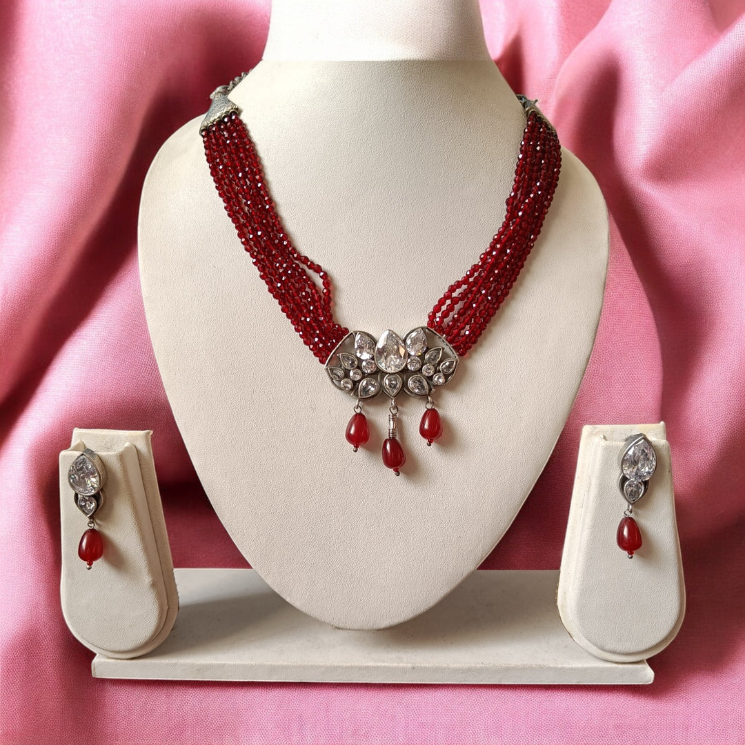 TELANAARI RADIANT SRISHA RED SILVER PLATED NECKLACE SET