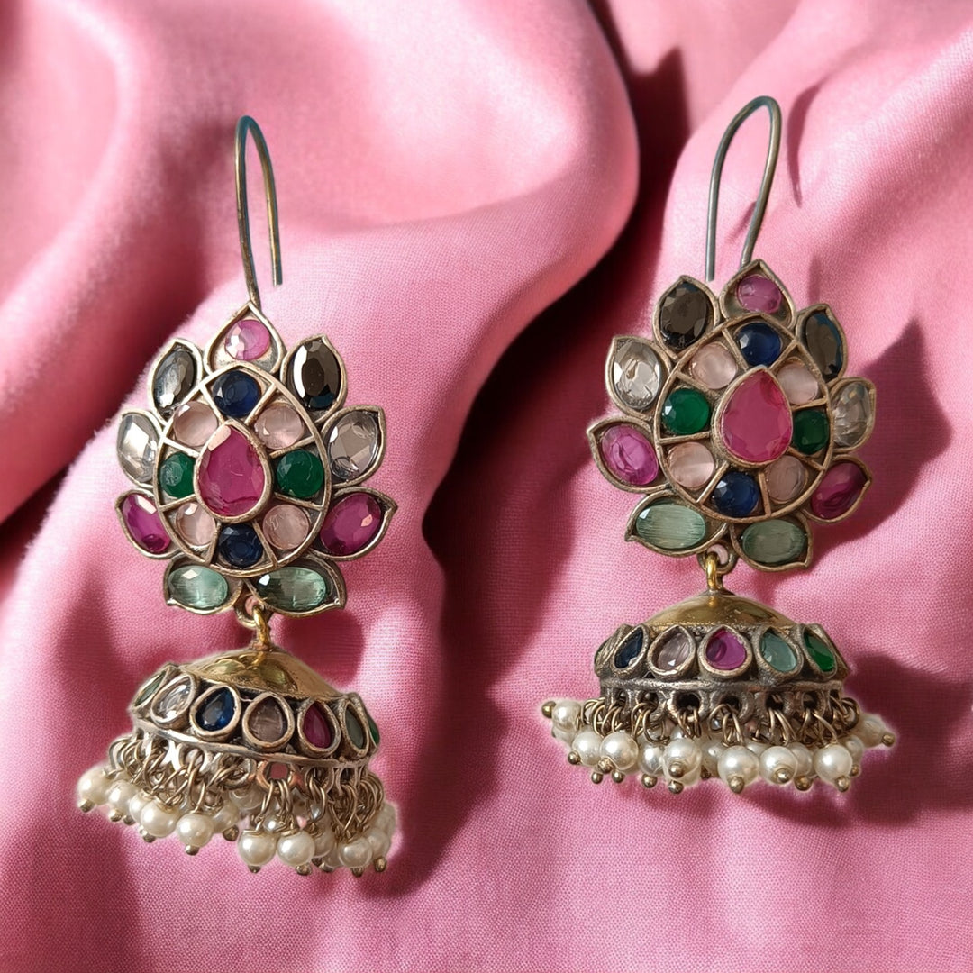 TELANAARI PRIYALA DUAL TONE SILVER PLATED CHANDBALI EARRINGS