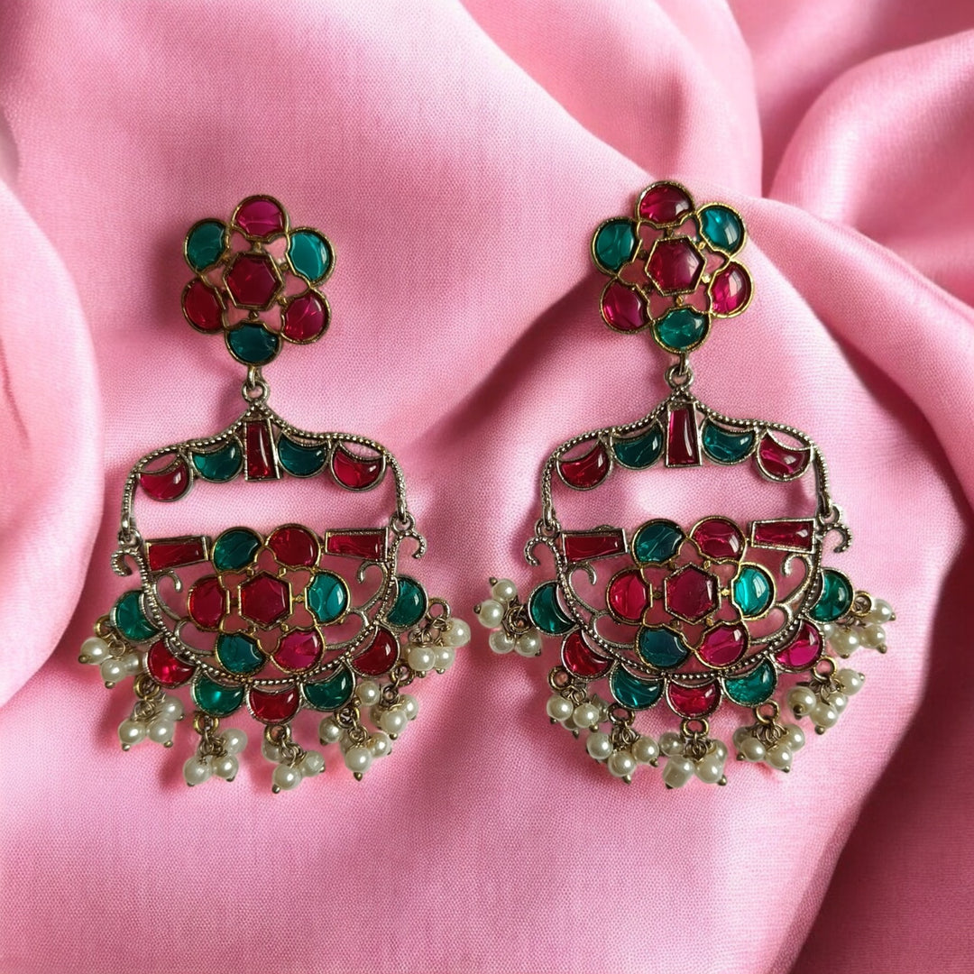 TELANAARI PRIYALA DUAL TONE SILVER PLATED CHANDBALI EARRINGS