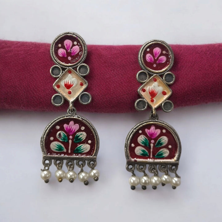 TELANAARI CLASSIC CHARU HAND PAINTED SILVER PLATED EARRINGS