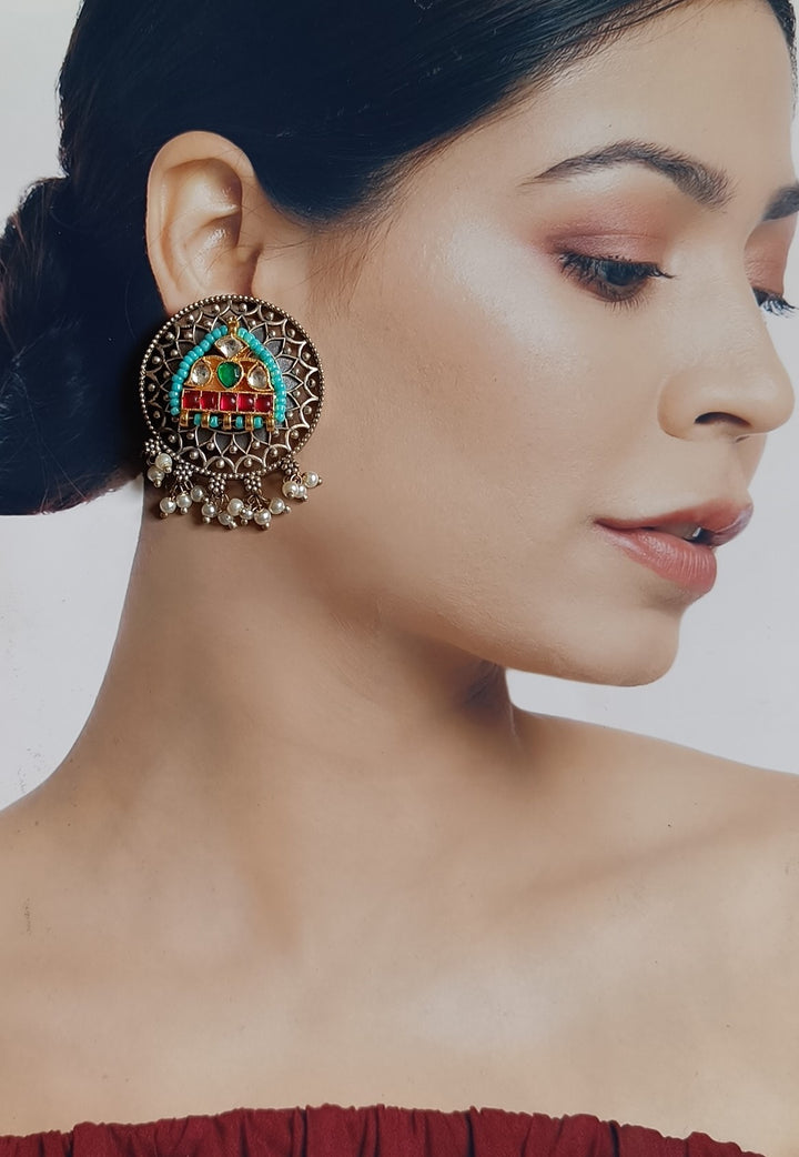 TELANAARI ELEGANT ANURADHA DUAL TONE FUSHION PACHI KUNDAN SILVER PLATED EARRINGS [product_variant]