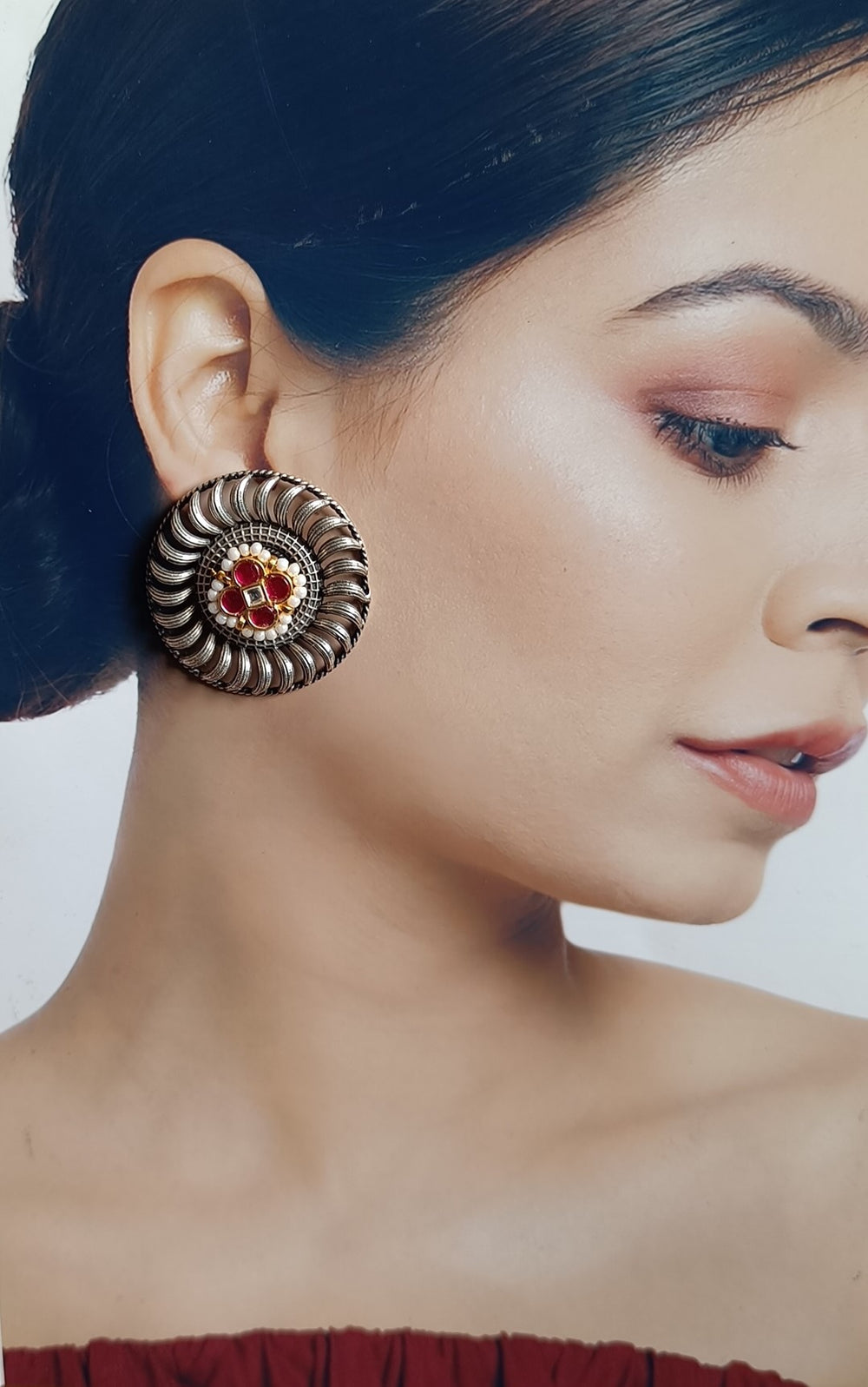 TELANAARI ELEGANT MURLI DUAL TONE FUSHION PACHI KUNDAN SILVER PLATED EARRINGS