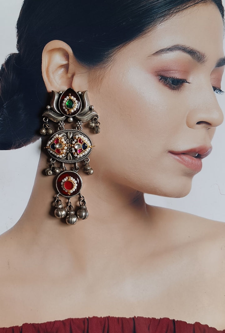 TELANAARI ELEGANT BORNALI DUAL TONE FUSHION PACHI KUNDAN SILVER PLATED EARRINGS [product_variant]