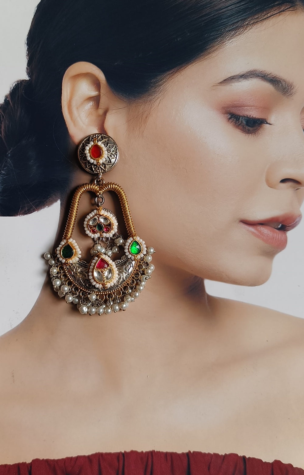 TELANAARI ELEGANT BANASHREE DUAL TONE FUSHION PACHI KUNDAN SILVER PLATED EARRINGS