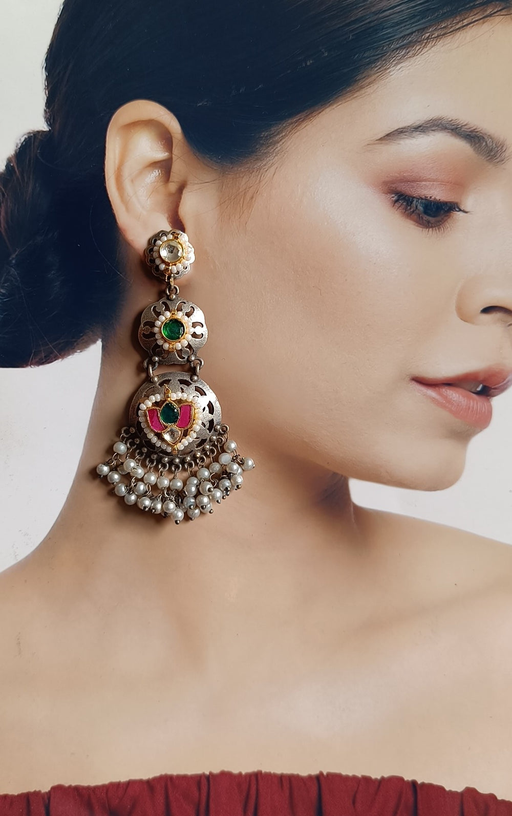 TELANAARI ELEGANT GITA DUAL TONE FUSHION PACHI KUNDAN SILVER PLATED EARRINGS