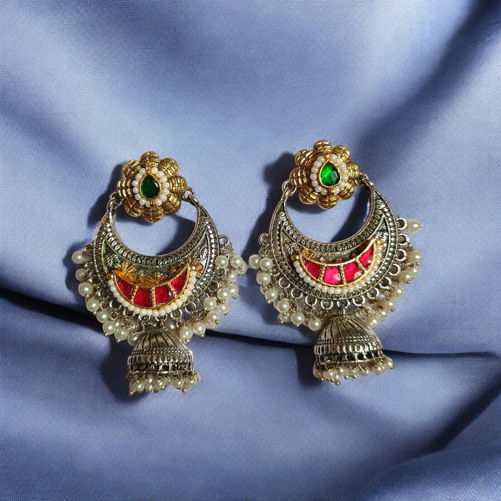 TELANAARI ELEGANT KAMALJEET DUAL TONE FUSHION PACHI KUNDAN SILVER PLATED EARRINGS [product_variant]