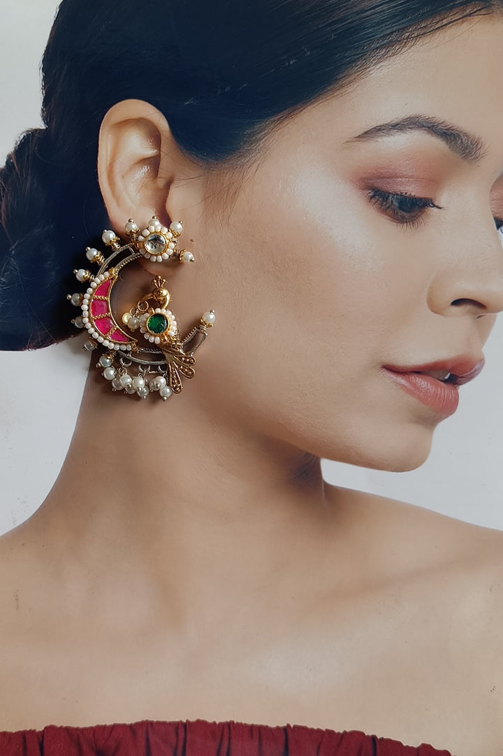 TELANAARI ELEGANT SWATI DUAL TONE FUSHION PACHI KUNDAN SILVER PLATED EARRINGS [product_variant]