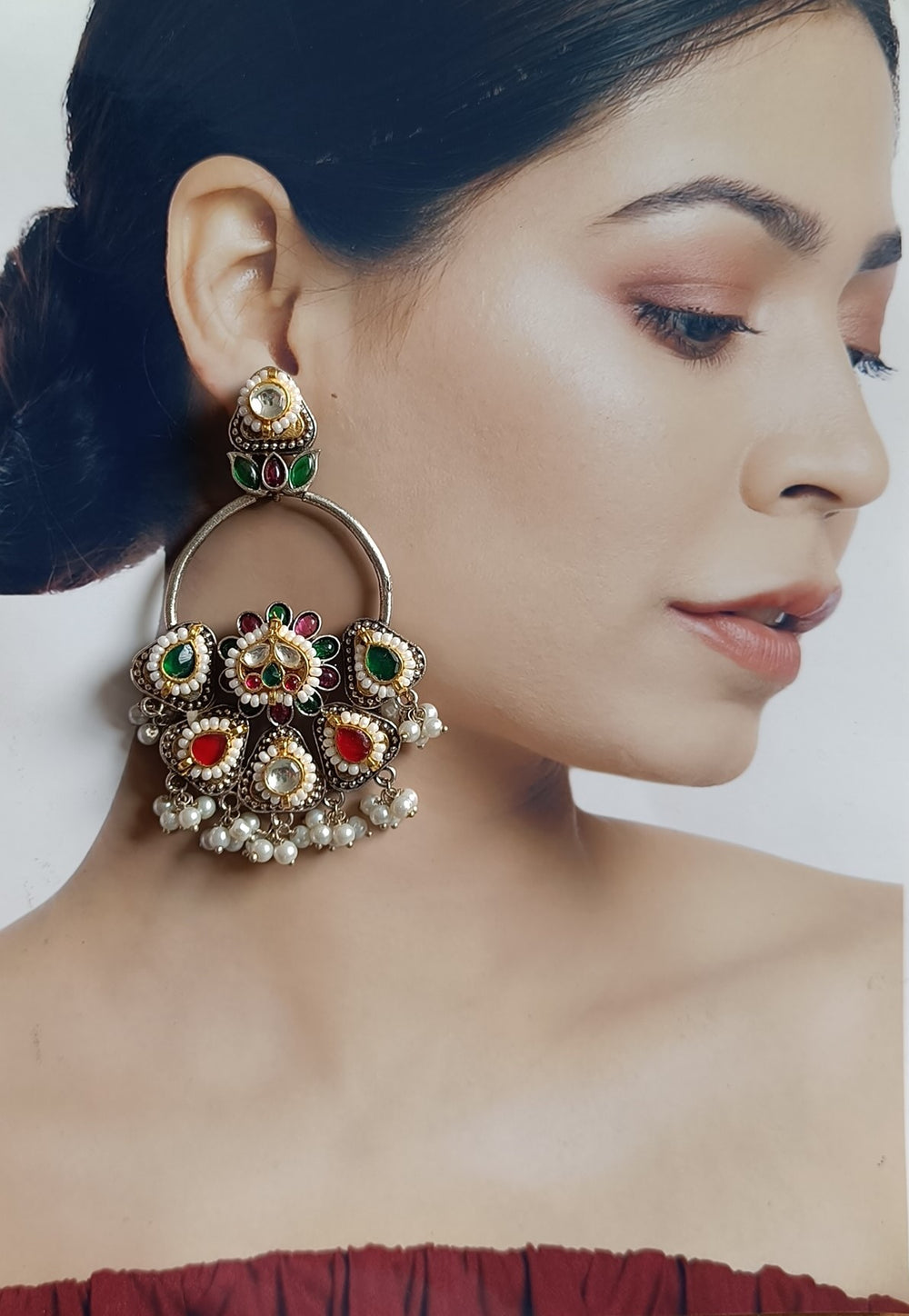 TELANAARI ELEGANT MANISHA DUAL TONE FUSHION PACHI KUNDAN SILVER PLATED EARRINGS