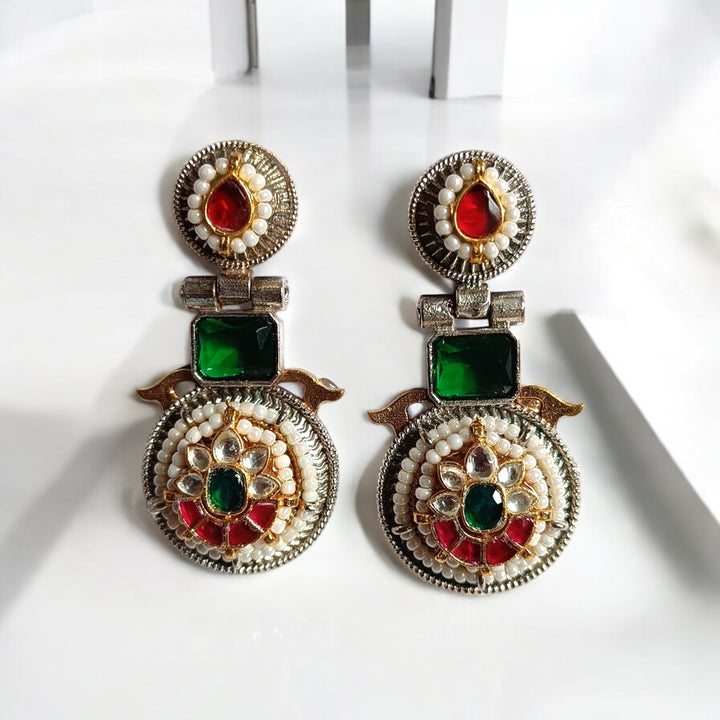 TELANAARI ELEGANT TANDRA DUAL TONE FUSHION PACHI KUNDAN SILVER PLATED EARRINGS [product_variant]