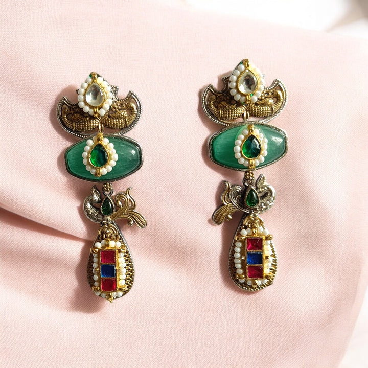 TELANAARI ELEGANT ANGANA DUAL TONE FUSHION PACHI KUNDAN SILVER PLATED EARRINGS [product_variant]