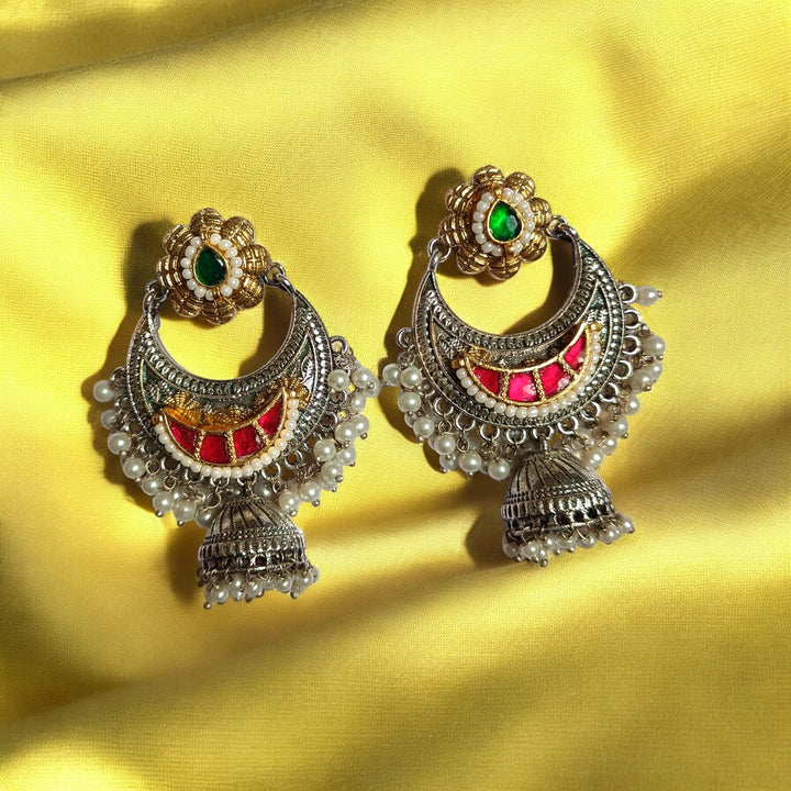 TELANAARI ELEGANT KAMALJEET DUAL TONE FUSHION PACHI KUNDAN SILVER PLATED EARRINGS [product_variant]