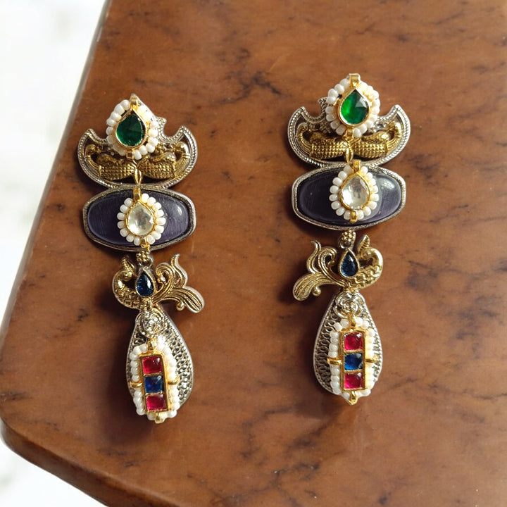 TELANAARI ELEGANT ANGANA DUAL TONE FUSHION PACHI KUNDAN SILVER PLATED EARRINGS [product_variant]