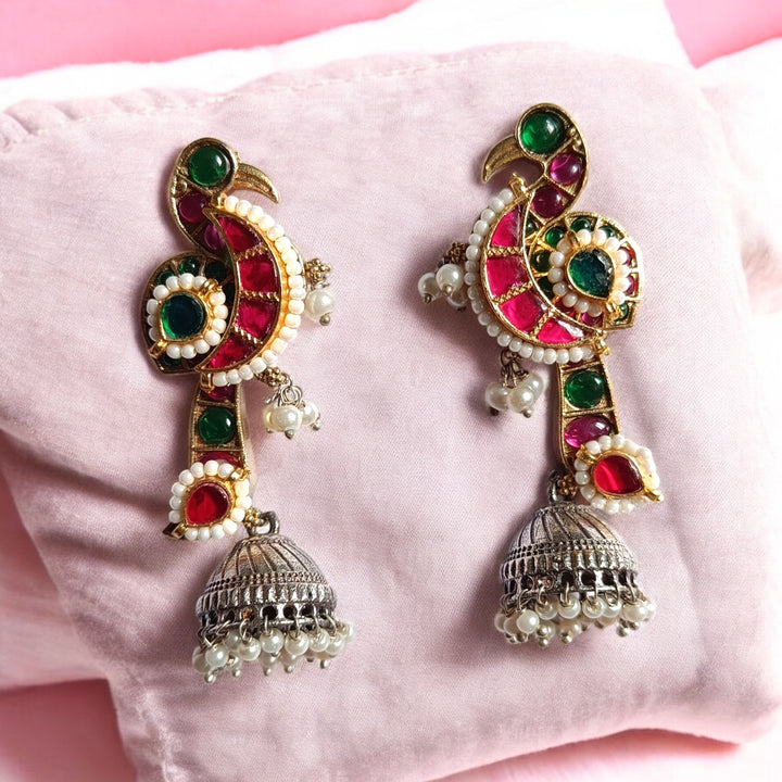 TELANAARI ELEGANT ANJANA DUAL TONE FUSHION PACHI KUNDAN SILVER PLATED EARRINGS [product_variant]