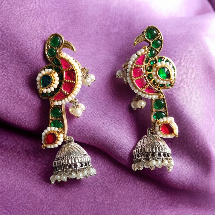 TELANAARI ELEGANT ANJANA DUAL TONE FUSHION PACHI KUNDAN SILVER PLATED EARRINGS [product_variant]