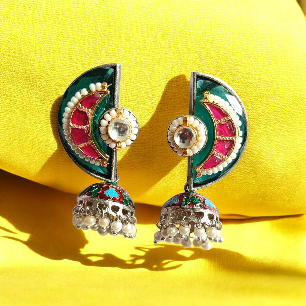 TELANAARI ELEGANT TANDRIMA DUAL TONE FUSHION PACHI KUNDAN SILVER PLATED EARRINGS