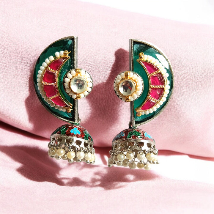 TELANAARI ELEGANT TANDRIMA DUAL TONE FUSHION PACHI KUNDAN SILVER PLATED EARRINGS [product_variant]