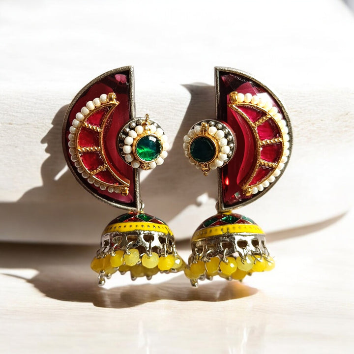 TELANAARI ELEGANT TANDRIMA DUAL TONE FUSHION PACHI KUNDAN SILVER PLATED EARRINGS [product_variant]