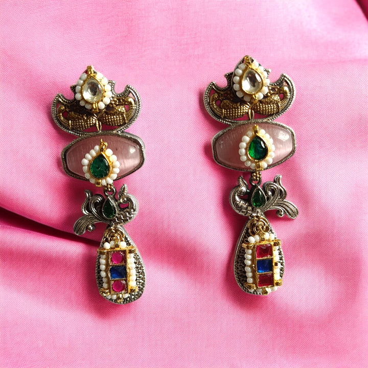 TELANAARI ELEGANT ANGANA DUAL TONE FUSHION PACHI KUNDAN SILVER PLATED EARRINGS [product_variant]